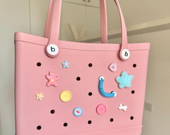 8pc Playful Bag Charm Set: Button, Bear, Heart, Star, Bone and Rope | Beach Tote Bag Accessories, EVA Bag Decorations, Unique Birthday Gift