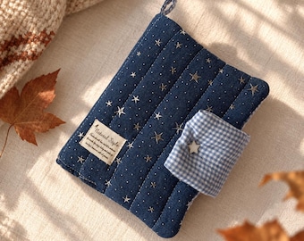 Quilted A5 A6 Book Cover, Navy Blue Star Notebook Cover, Soft Padded Journal Sleeve, Celestial Girls Journal Accessory