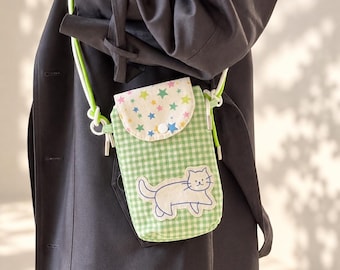 Cat Crossbody Phone Bag, Green Gingham Canvas Phone Pouch, Cute Star Print Fabric Shoulder Bag, Kawaii Cat Accessory