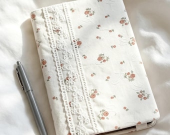 Floral Embroidered Book Cover: Retro Lace Fabric Notebook Sleeve With Pearl, Cottagecore Journal Cover Gift, Adjustable Notebook Protector