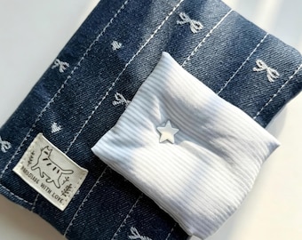 Quilted Denim Book Cover: Cute Bow Heart A5 A6 Notebook Sleeve with Striped Lining, Padded Blue Journal Protector, Diary Cover Gift For Her