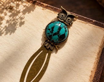 Antiqued Bronze Bookmark with Turquoise Inlay: Whimsical Owl Book Accessory, Vintage Brass Gemstone Page Holder, Gothic Planner Accessory