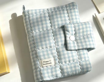 Handmade Blue Gingham Quilted Journal Cover: Fabric Padded A5 A6 Notebook Sleeve,  Journal Protector, Journaling Accessory Gift For Her