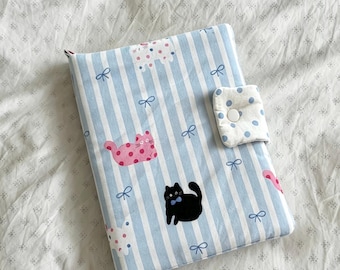 Padded A5 A6 Book Cover, Blue Striped Cat Notebook Cover, Kawaii Fabric Journal Sleeve, Cute Bow Girls Journal Accessory