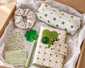 7pcs Journal Cover Set, Green Cosy Stationery Set, Quilted A5 A6 Journal Cover, Fabric Pencil Case, Sticky Note, Pens, Stickers