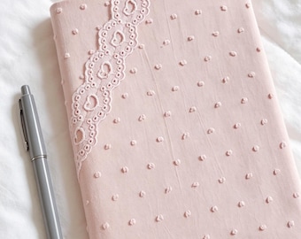 Romantic Pink Book Cover with Lace: Handmade Swiss Dot Fabric Notebook Sleeve, Coquette Journal Cover Gift, Adjustable Notebook Protector