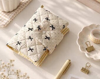 Quilted Book Cover: Pretty Bow A5 A6 Notebook Sleeve with Yellow Striped Lining, Padded Girly Journal Protector, Diary Cover Gift For Her