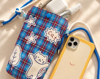 Cat Crossbody Phone Bag, Blue Plaid Canvas Phone Pouch, Cute Printed Cat & Stars, Adjustable Shoulder Strap