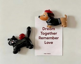 Dachshund & Black Cat Magnet: Handmade Animal Fridge Magnets, Kawaii Pet Whiteboard Magnet Set, Decorative Office Organisation, Home Decor