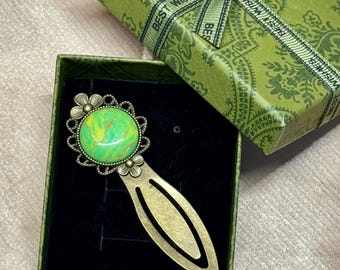 Multicolour Stone Antiqued Metal Bookmark: Vibrant Abstract Vintage Brass Book Accessory, Personalise Page Marker, Whimsy Graduation Gift