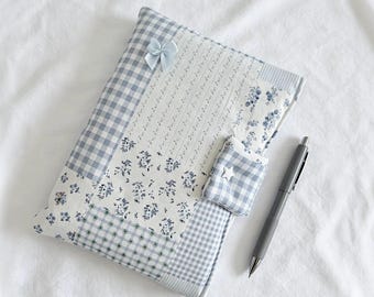 Blue Patchwork Book Sleeve: Handmade Fabric Padded Kindle Sleeve, Soft Padded Gingham Floral Notebook Cover, Graduation Gift for Book Lover