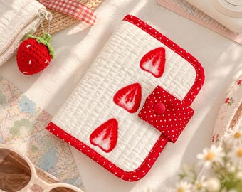 Strawberry Passport Holder, Handmade Quilted Fabric Travel Wallet with Card Slots and Zip Pocket, Red Polka Dot Organiser, Gift for Her