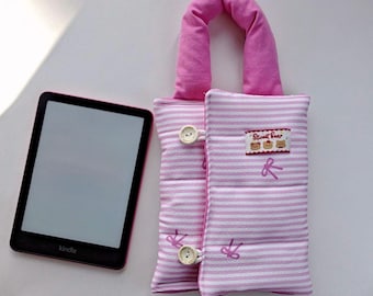 Pink Striped Kindle Sleeve: Bright Fabric Padded iPad Bag With Bow Pattern and Handle, Coquette Bag with Buttons, Graduation Gift For Her