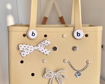 8pc Coquette Charms Set: Swiss Dot Bow Beach Bag Accessories, Decorative Beaded Bow Shoe Charms, EVA Bag Pearl Decorations