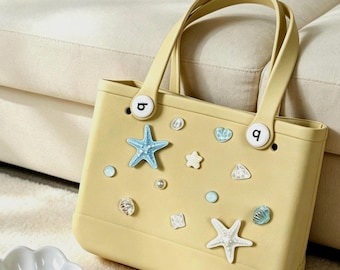 8pc Sealife Bag Charm Set: Ocean Style Sparkling Tote Bag Accessories, Realistic Starfish Pearl Beach Bag Charms, EVA Bag Pastel Decorations