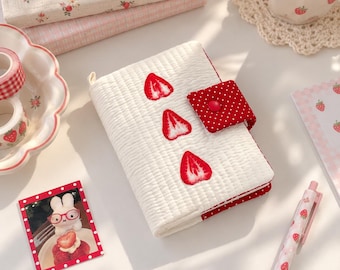 Strawberry Quilted A5 A6 Book Cover, Red Polka Dot Notebook Cover, Cute Padded Journal Sleeve, Girly Fabric Book Accessory