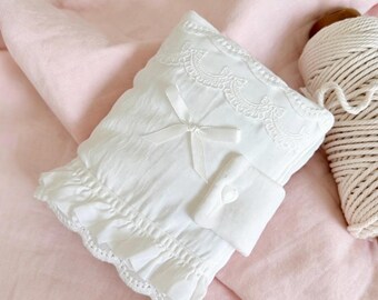 Lace A5 A6 Bible Cover, Romantic White Ruffle Bow Notebook Cover, Coquette Padded Journal Sleeve, Pretty Fabric Book Cover For Girls