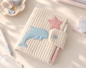 Quilted A5 A6 Book Cover, Blue Dolphin Patchwork Notebook Cover, Cute Padded Journal Sleeve, Pastel Girls Journal Accessory