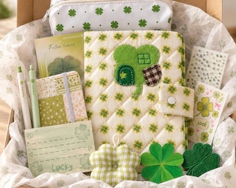 12 Pieces Clover Stationery Set, Green Cosy Journal Kit, Quilted A5 A6 Journal Cover, Notepad, Pencil Case, Sticky Note, Pens, Stickers