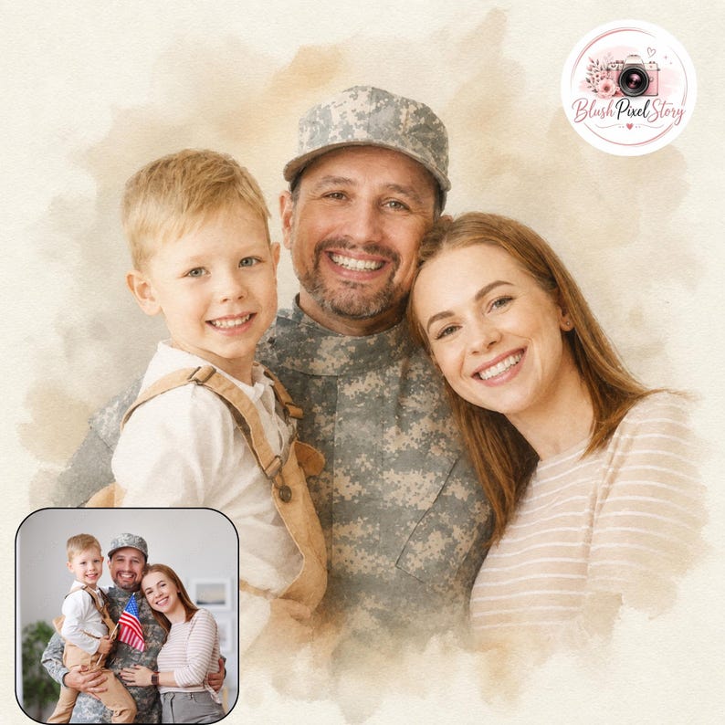 Custom Watercolor Family Portrait, Military Photo Art (digital Download ...
