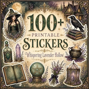 Puede incluir: Una colección de 100+ pegatinas imprimibles titulada Whispering Lavender Hollow, con ilustraciones de una persona con sombrero de bruja, un cuervo sobre libros, frascos de pociones, un cristal, un libro de hechizos, un orbe pentagrama, lavanda y una linterna.