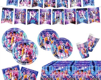 May include: A party supplies set with a purple and blue theme. The set includes a banner that says "HAPPY BIRTHDAY", plates, cups, napkins, and a tablecloth. The items feature images of a group of people in a concert setting.