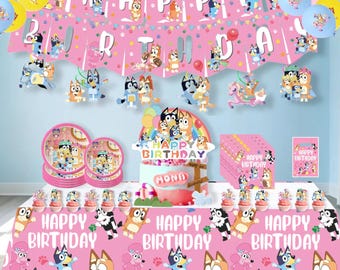Bluey Birthday Party Supplies Set Pink Balloons Banner Tableware Cake Topper For Kids
