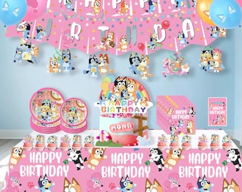Bluey Birthday Party Supplies Set Pink Balloons Banner Tableware Cake Topper For Kids