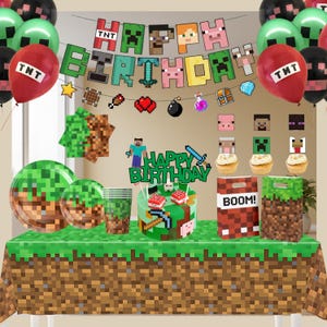 May include: A Minecraft-themed birthday party setup with balloons, a banner, and a cake. The scene includes green and black balloons, a "Happy Birthday" banner, and a cake with Minecraft character decorations. Table setting includes plates, cups, and a tablecloth.