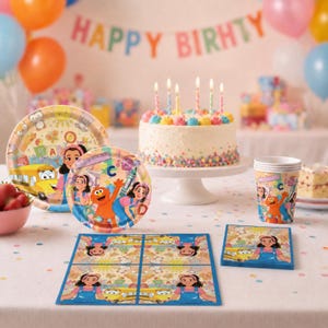 May include: A festive birthday party scene with colorful decorations. Includes plates, cups, and napkins featuring cartoon characters. A cake with lit candles sits on a white cake stand. Balloons and a banner that says "HAPPY BIRHTY" complete the celebratory atmosphere.