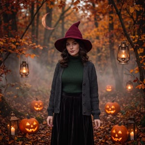 May include: A person wearing a dark red pointed witch hat, a dark green ribbed turtleneck sweater, and a charcoal gray button-up cardigan over a long black skirt. The scene is set in an autumn forest with glowing jack-o'-lanterns and lanterns.