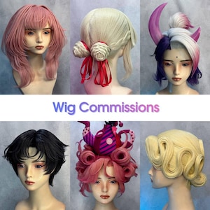 May include: A collection of custom wigs in various styles and colors, including pink, blonde, black, and purple. The wigs are displayed on mannequin heads. The image includes the text "Wig Commissions".