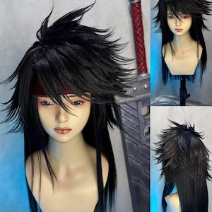 May include: A black cosplay wig with spiky, layered hair and a red headband. The wig is displayed on a mannequin head. A large, gray sword with a red handle is in the background. The wig is designed for a character costume.