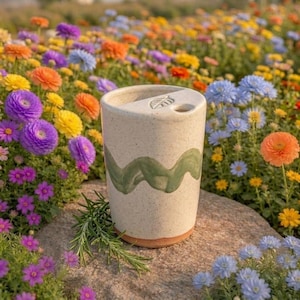 Puede incluir: Un termo de cerámica moteada con un diseño de onda verde y un detalle de hoja en la tapa. El termo está colocado sobre una piedra, rodeado de una vibrante variedad de flores coloridas en un jardín.