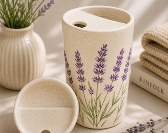 Lavender Floral Coffee Mug with Lid, Botanical Aesthetic Mug, Purple Flower Travel Mug, Minimalist Nature Mug, Gift for Her