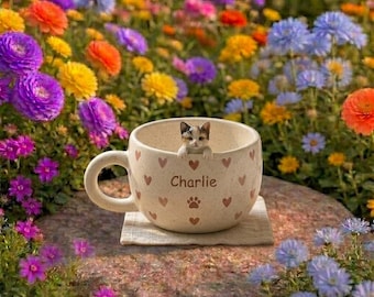 Taza de cerámica personalizada para mascotas, diseño de perro y gato con ojos asomando, taza de café con nombre personalizado para mascotas.