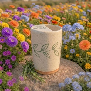 Puede incluir: Un portacepillos de cerámica moteada con un diseño de hojas verdes. El soporte tiene un tono natural y terroso con una base de terracota. Se encuentra sobre una superficie de piedra, rodeado de un vibrante jardín de flores.