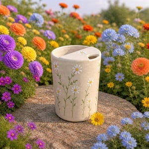 May include: A beige ceramic tumbler decorated with a daisy floral pattern. The tumbler has a handle and a lid with a daisy detail. The background shows a colourful garden with flowers in purple, orange, yellow, and blue.