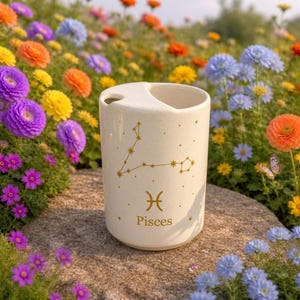 Op de afbeelding: Een crèmekleurige keramische tandenborstelhouder met een gouden Vissen sterrenbeeld ontwerp. De houder heeft een gebogen bovenkant en het woord "Pisces" eronder. De achtergrond toont kleurrijke bloemen.
