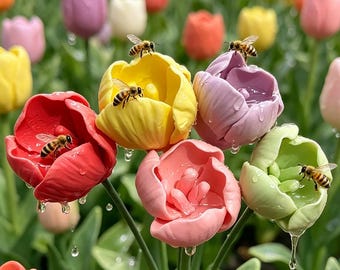 Keramische tulp voederbak tulp, handgemaakte aardewerk bloementuin kunst, miniatuur kolibrie voederbak, buitentuin decor, cadeau voor tuinders