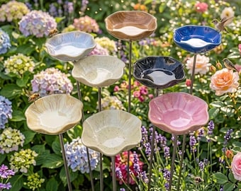 Ceramic Flower Bird Bath Stakes | Garden Decor for Birds & Bees | Handmade Floral Water Feeder | Outdoor Yard Art | Gift for Garden Lovers