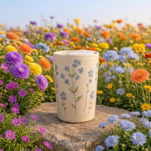 Peut inclure: Un gobelet en céramique beige avec un couvercle blanc, orné de délicates brins floraux bleus. Le gobelet est posé sur une surface en pierre, entouré d'un champ vibrant de fleurs colorées, dont des fleurs violettes, orange et jaunes.
