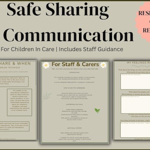 Può includere: Risorsa educativa beige intitolata "Safe Sharing & Communication" per bambini in cura. La risorsa include una guida per il personale e sezioni sulla condivisione, il supporto al personale e agli operatori sanitari e la riflessione sui sentimenti. È inclusa una grafica di anguria.
