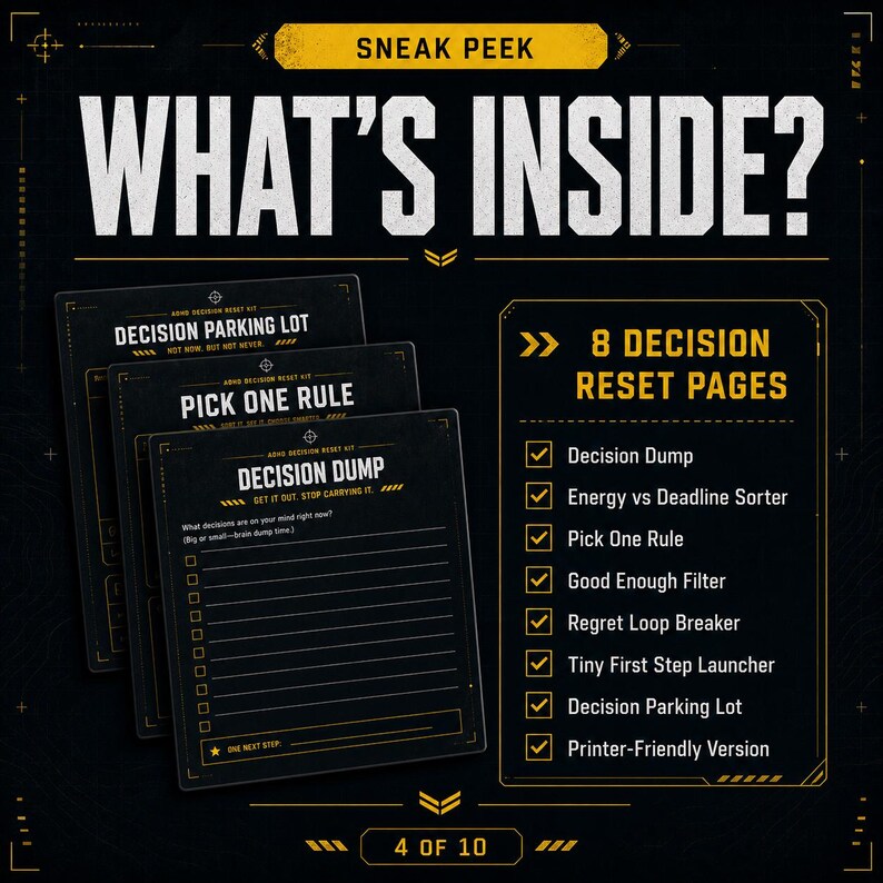 May include: An image showcasing a "Sneak Peek" of a decision-making reset kit. The image features three cards with titles like "Decision Dump" and "Pick One Rule," along with a list of eight "Decision Reset Pages" with checkmarks.
