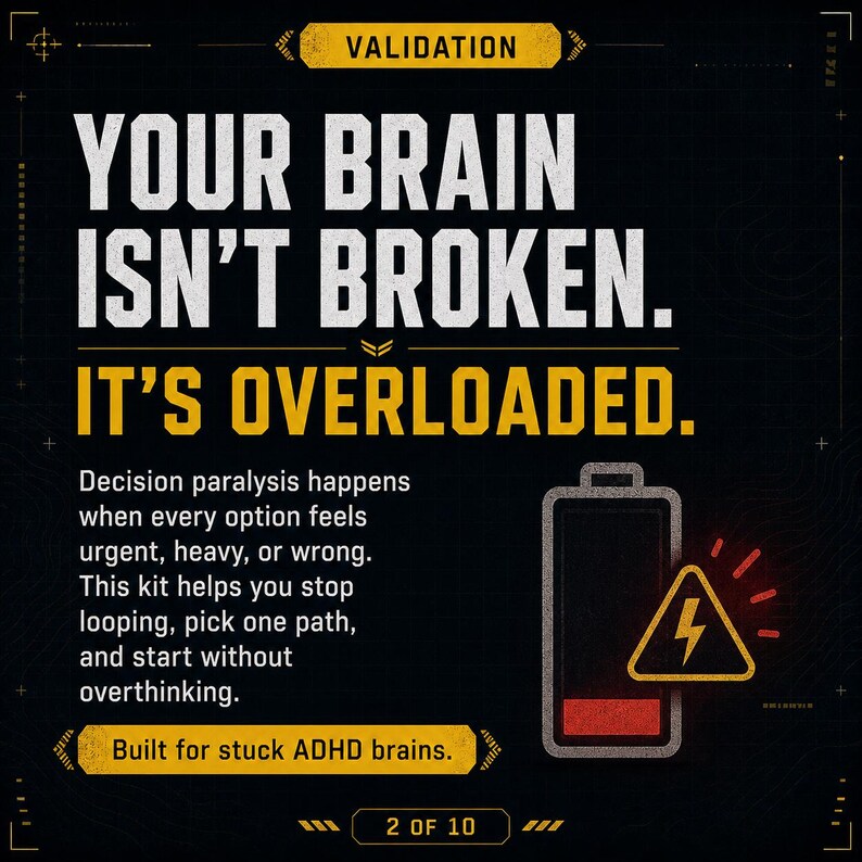 May include: A graphic with the text "YOUR BRAIN ISN'T BROKEN. IT'S OVERLOADED." and "Built for stuck ADHD brains." A low battery icon with a lightning bolt is shown. The background is black and yellow.