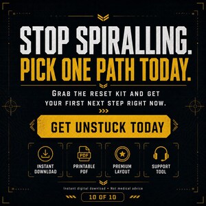May include: Black and yellow graphic with the text "STOP SPIRALLING. PICK ONE PATH TODAY." and "GET UNSTUCK TODAY." Includes icons for instant download, printable PDF, premium layout, and support tool. The phrase "Instant digital download" is also included.