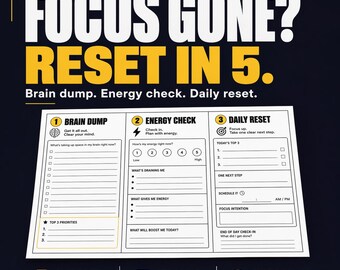ADHD Focus Reset Worksheet | Brain Dump, Energy Check, Daily Reset (PDF)