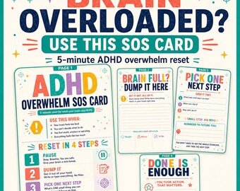 ADHD Overwhelm SOS Card | Brain Dump Worksheet for Adults | 5 Minute Printable | Instant Download