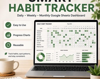 Smart Habit Tracker Google Sheets Template | Daily Spreadsheet Dashboard | Monthly Progress | Weekly Summary