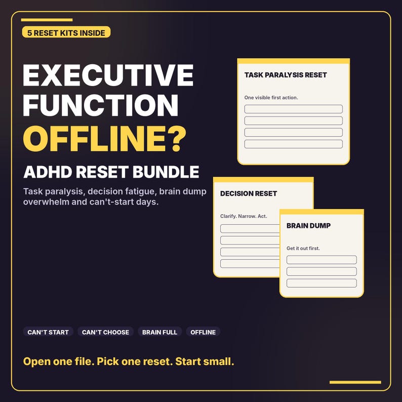 ADHD Executive Dysfunction Reset Bundle | Task Paralysis, Brain Dump ...